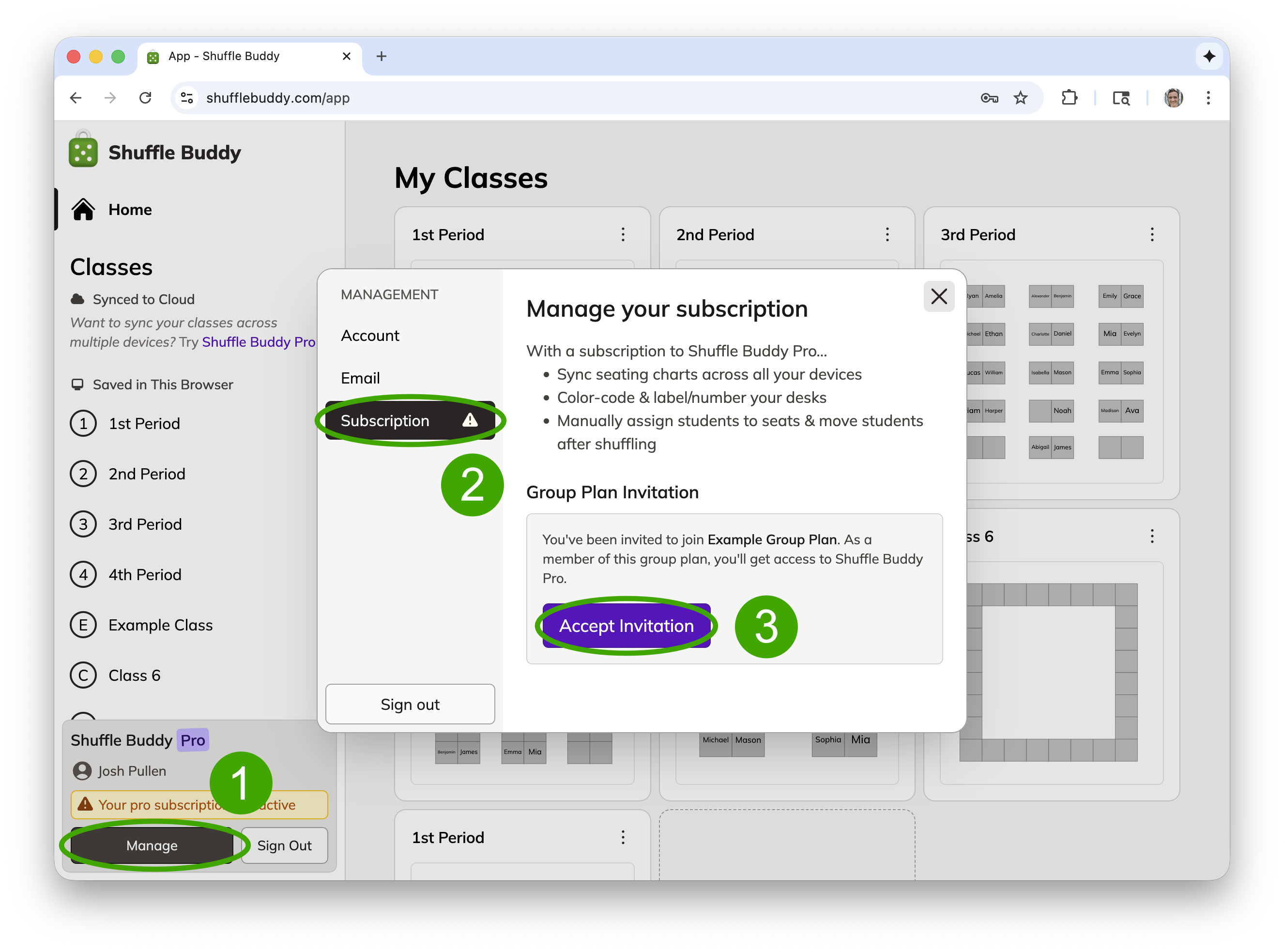 A screenshot of the Shuffle Buddy app showing the steps to accept a group plan invitation.