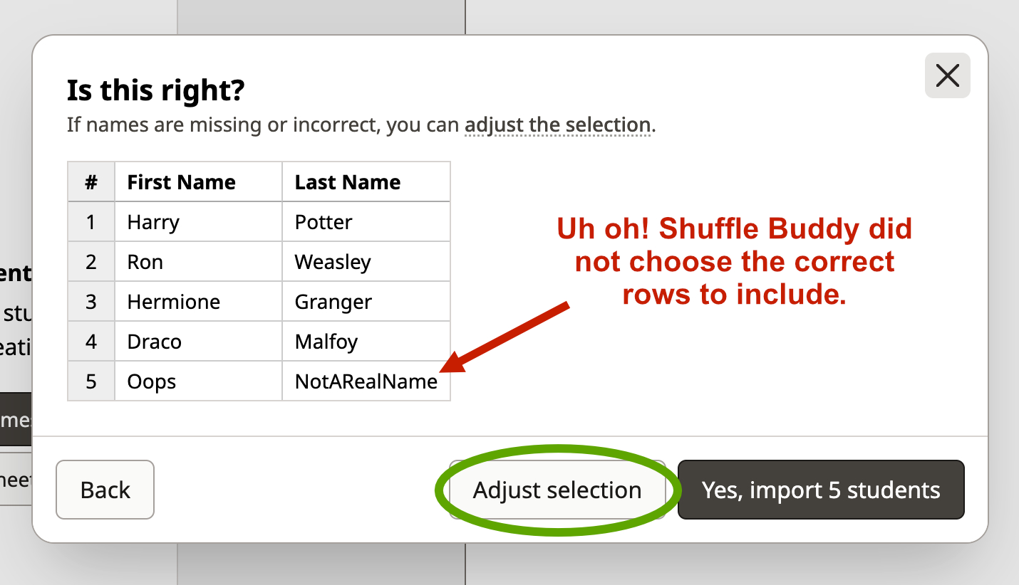 Screenshot of the Shuffle Buddy spreadsheet upload modal with an extra row included and a circle around the "Adjust selection" button
