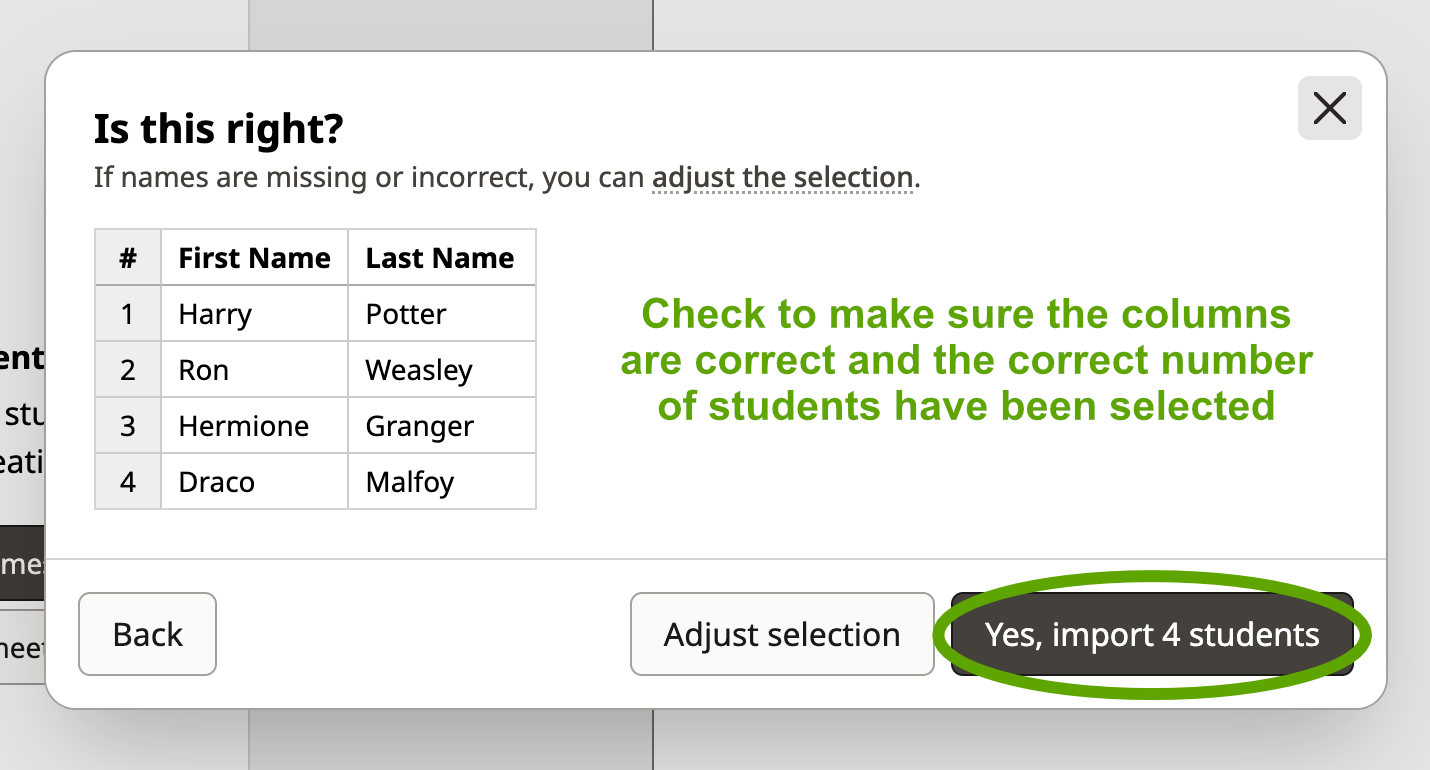 Screenshot of the Shuffle Buddy spreadsheet upload modal with four names displayed and a circle around the "Yes, import 4 students" button