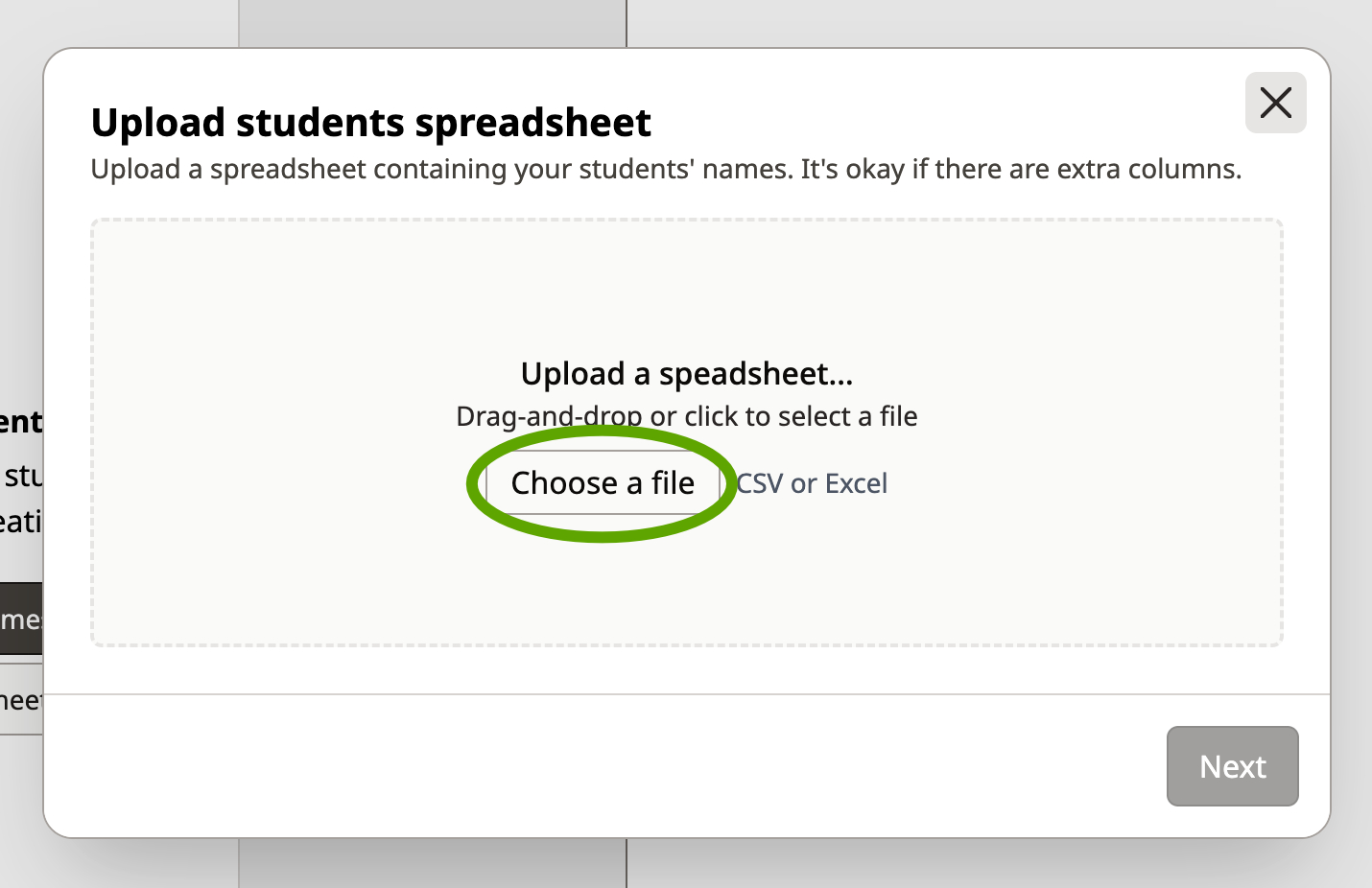Screenshot of the Shuffle Buddy spreadsheet upload modal with a circle around the "Choose a file" button