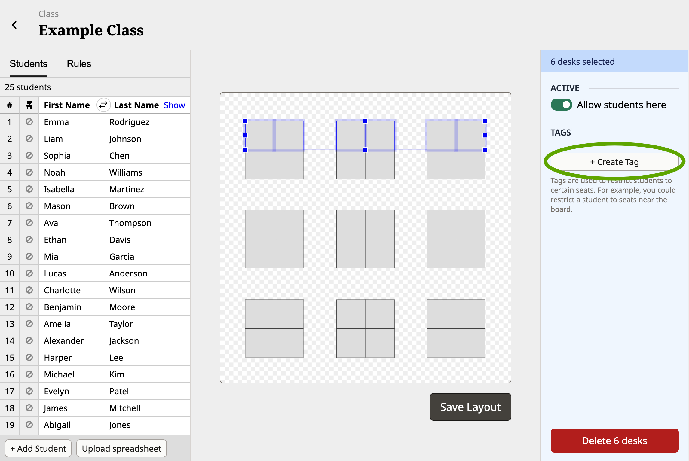 Screenshot of the Shuffle Buddy editor with desks selected and a circle around the "create tag" button