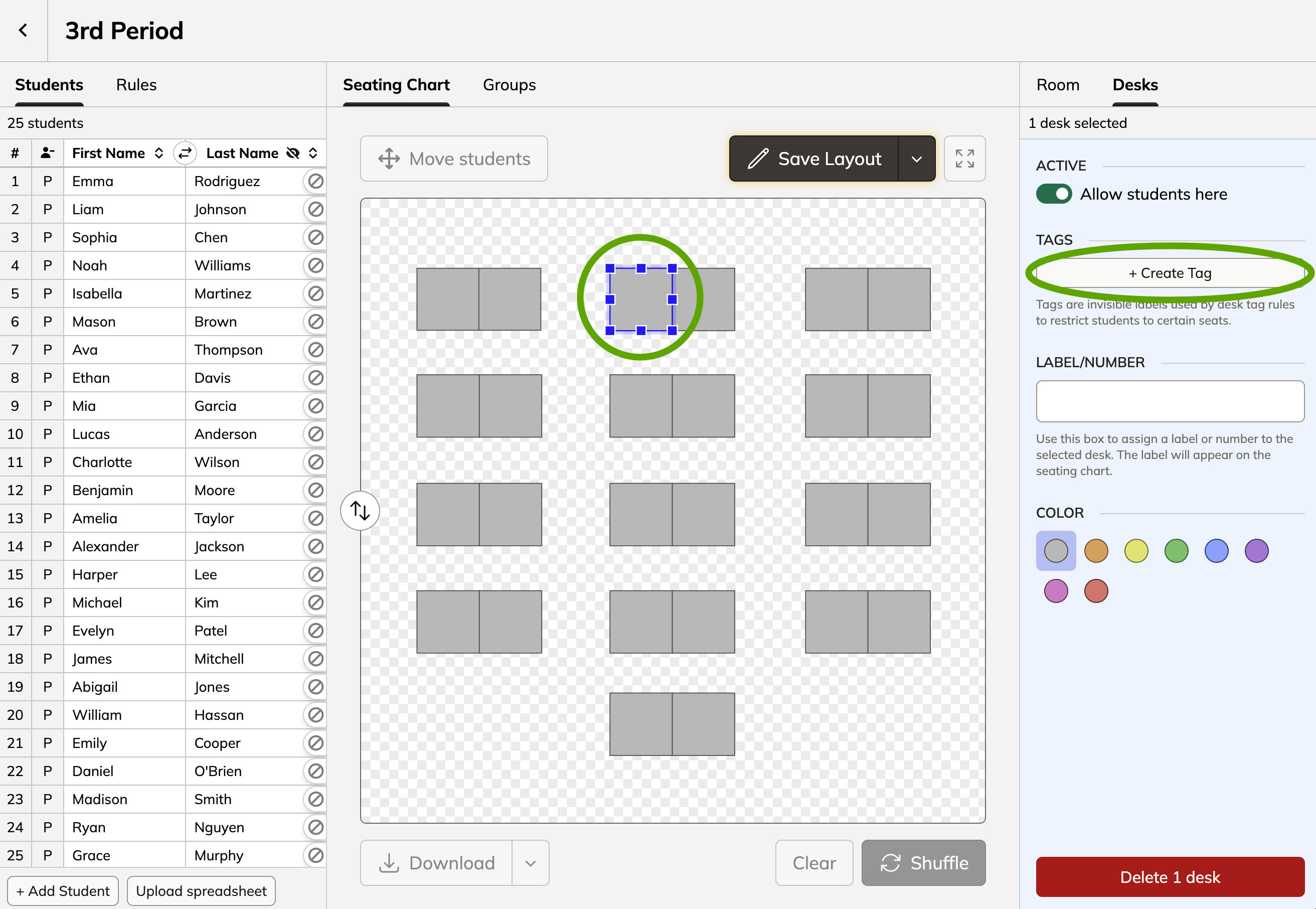 Screenshot of the Shuffle Buddy editor with one desk selected and a circle around the "create tag" button