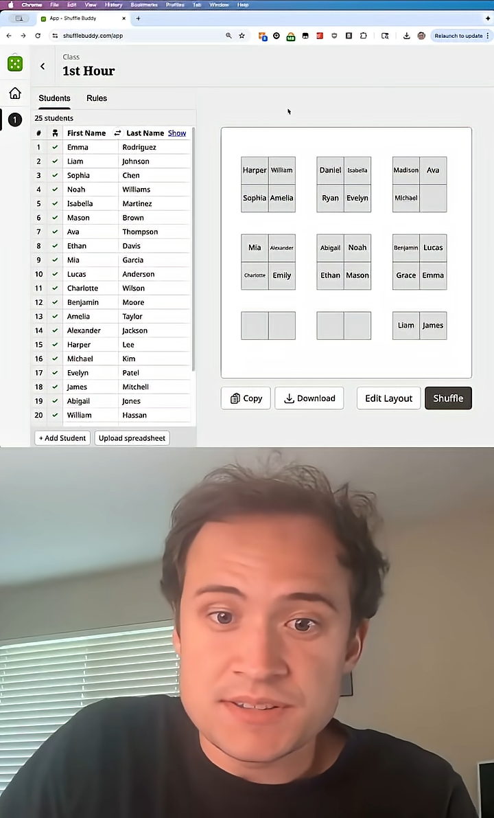 Screenshot of Shuffle Buddy app showing a seating chart with students' names