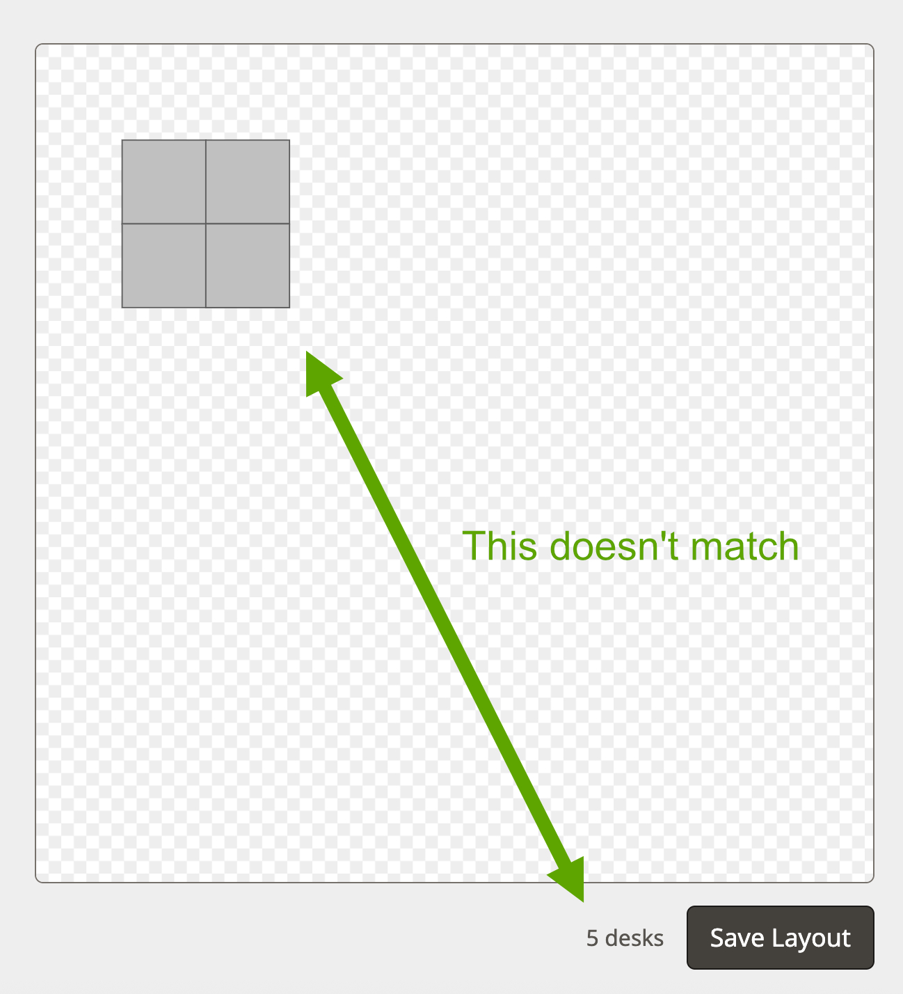 A screenshot of the Shuffle Buddy editor showing four visible desks, but text that says "5 desks".