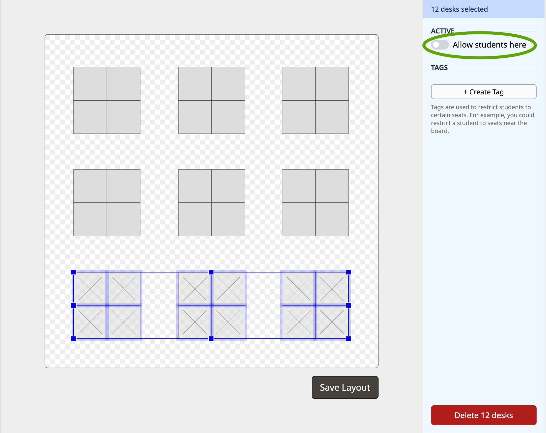 Screenshot of the Shuffle Buddy editor with the 'Allow students here' option unchecked for the selected desks