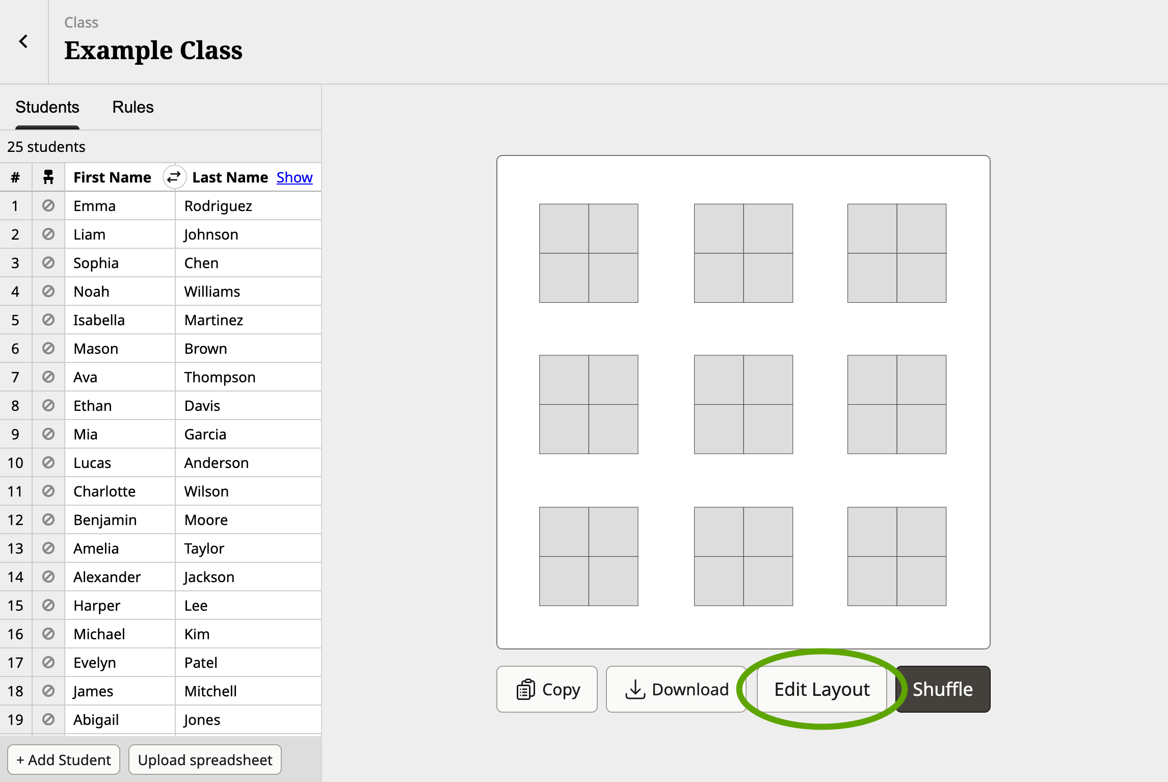 Screenshot of the Shuffle Buddy editor with a circle around the "edit layout" button