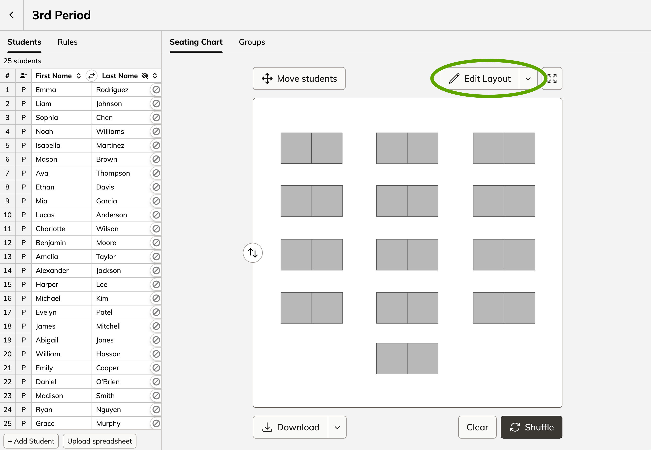 Screenshot of the Shuffle Buddy editor with a circle around the "edit layout" button