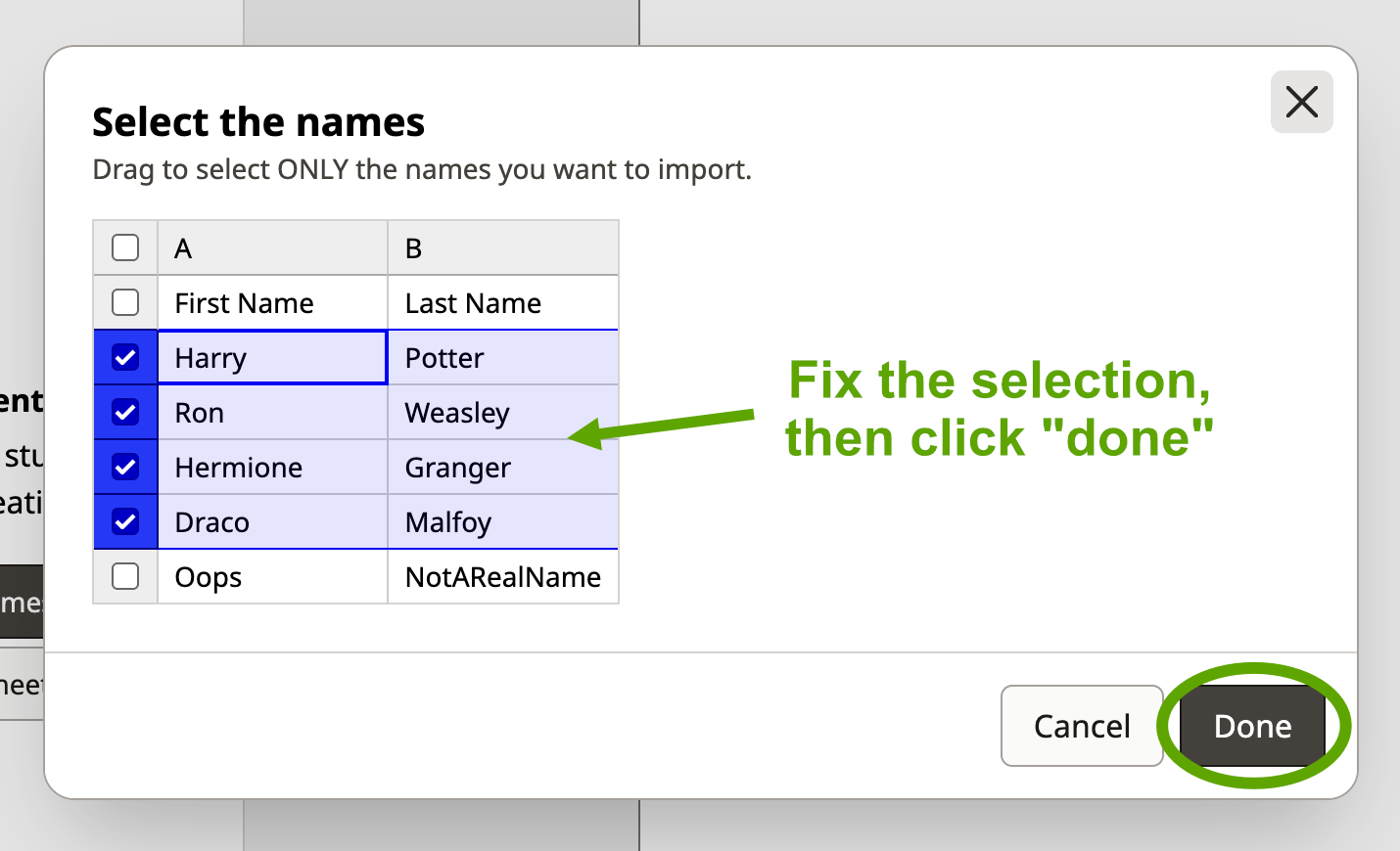 Screenshot of the Shuffle Buddy spreadsheet upload modal with the incorrect row no longer selected and a circle around the "Done" button