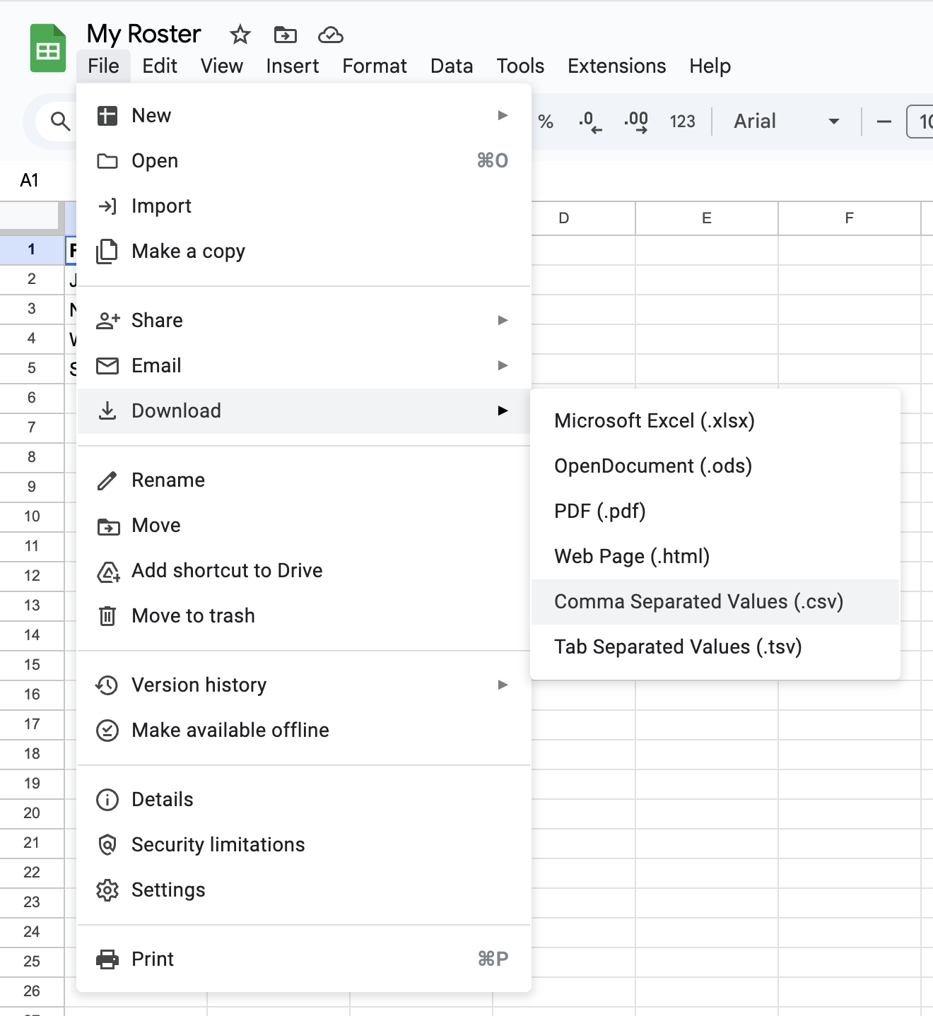Screenshot of Google Sheets with the "File" menu open and the "Download" submenu expanded, highlighting the .csv export format