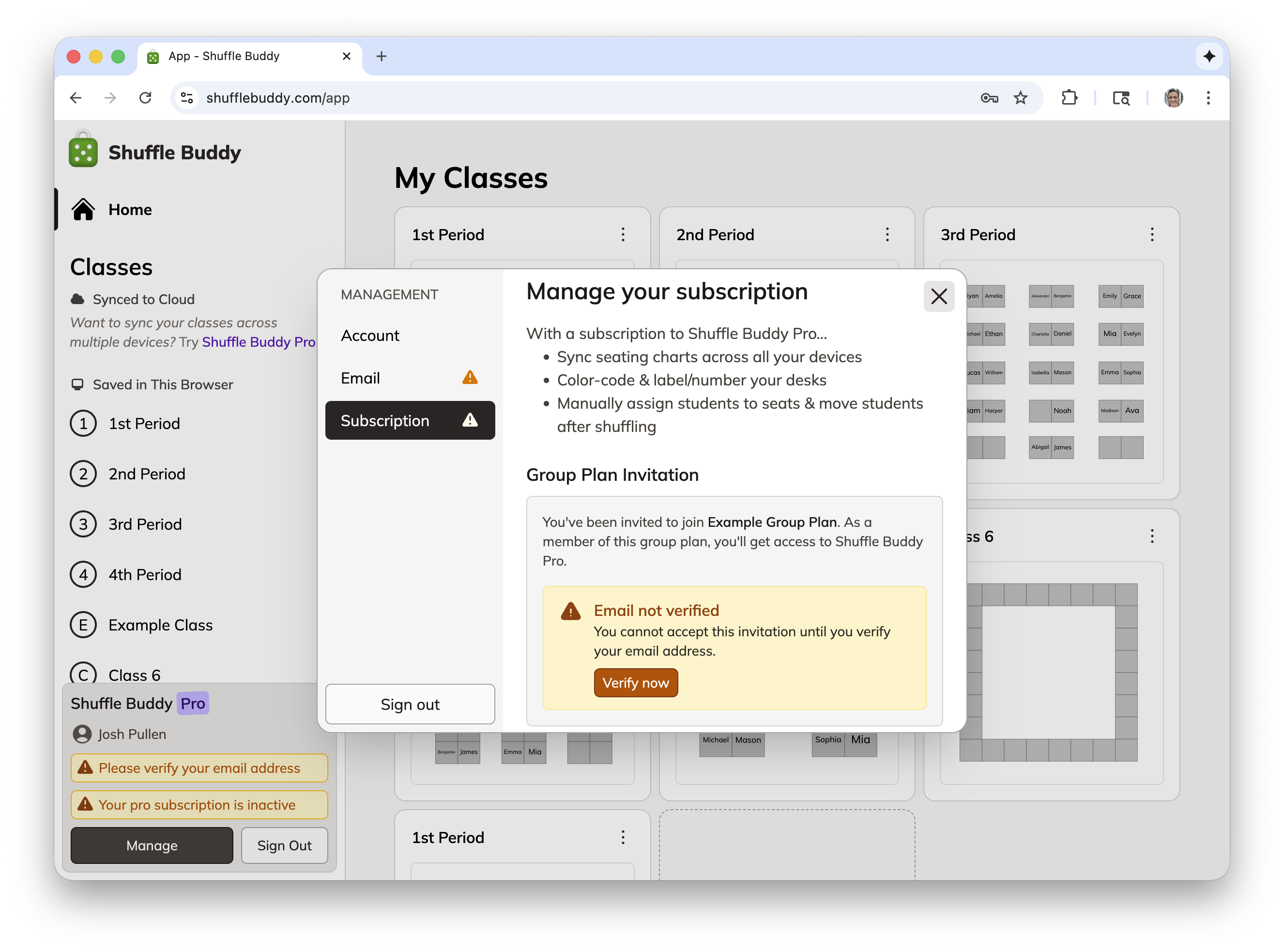 A screenshot of the Shuffle Buddy app showing a message that states the user is invited to a group plan but must verify their email address first.