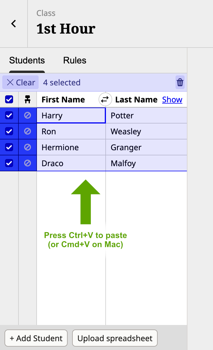 Screenshot of pasted roster in Shuffle Buddy with an arrow and text that says "Press Ctrl+V to paste (or Cmd+V on Mac)"