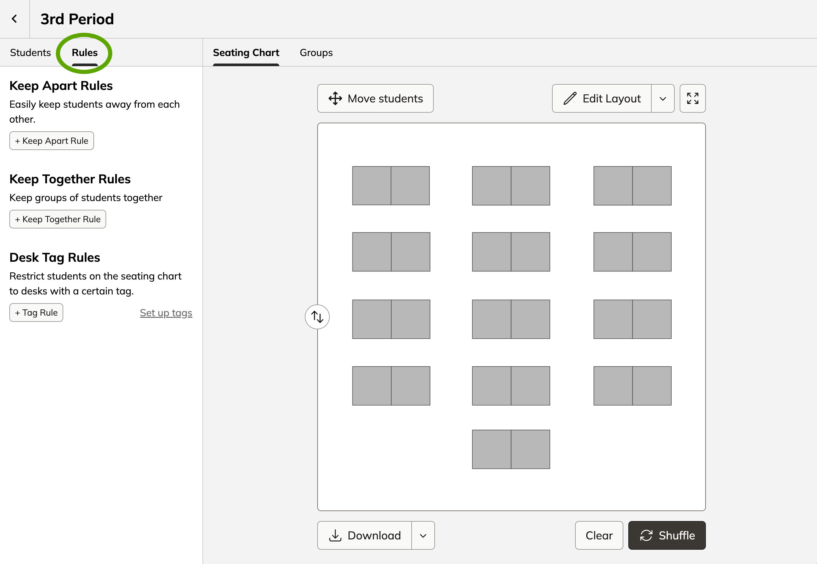 Screenshot of the Shuffle Buddy editor with a circle around the "Rules" tab