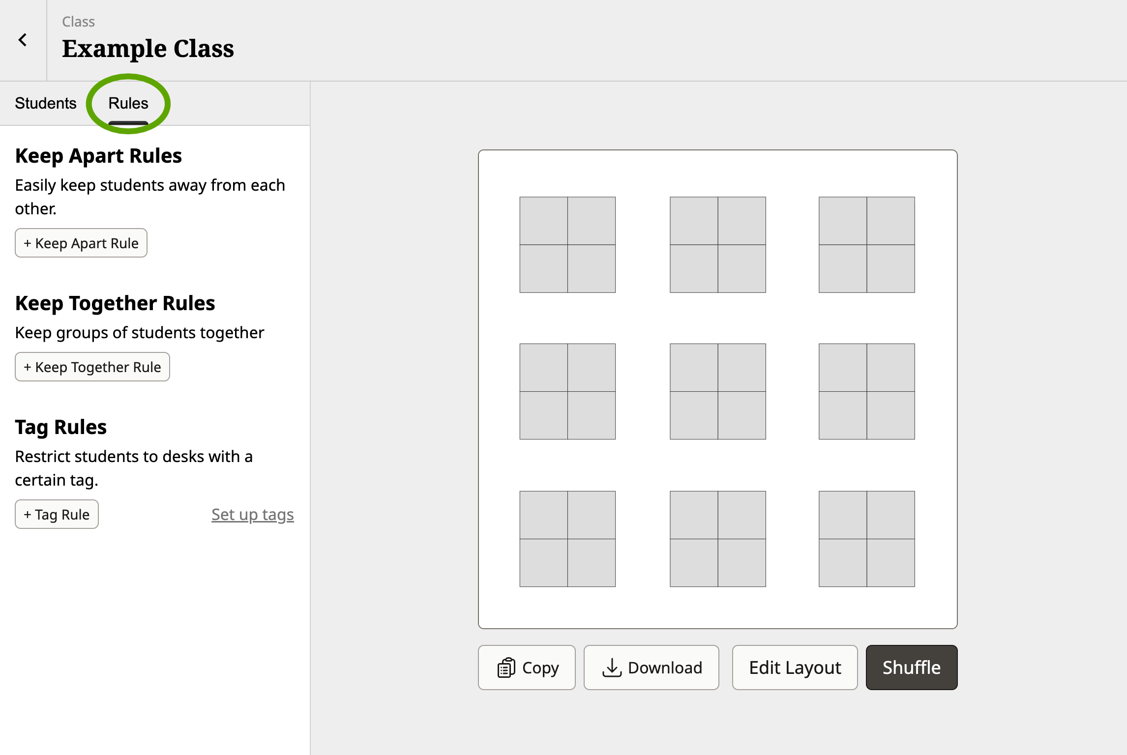 Screenshot of the Shuffle Buddy editor with a circle around the "Rules" tab