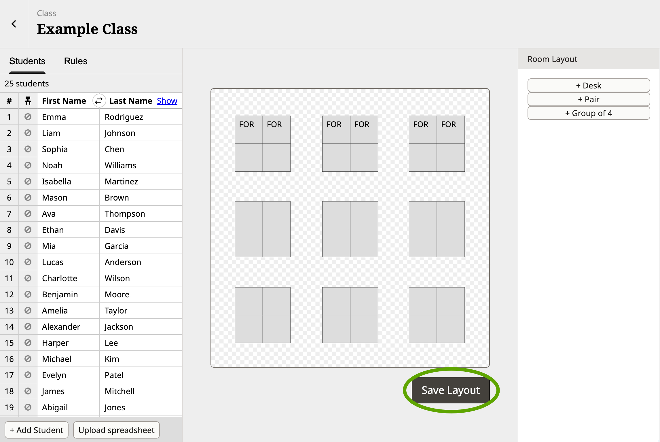 Screenshot of the Shuffle Buddy editor with a circle around the "save layout" button