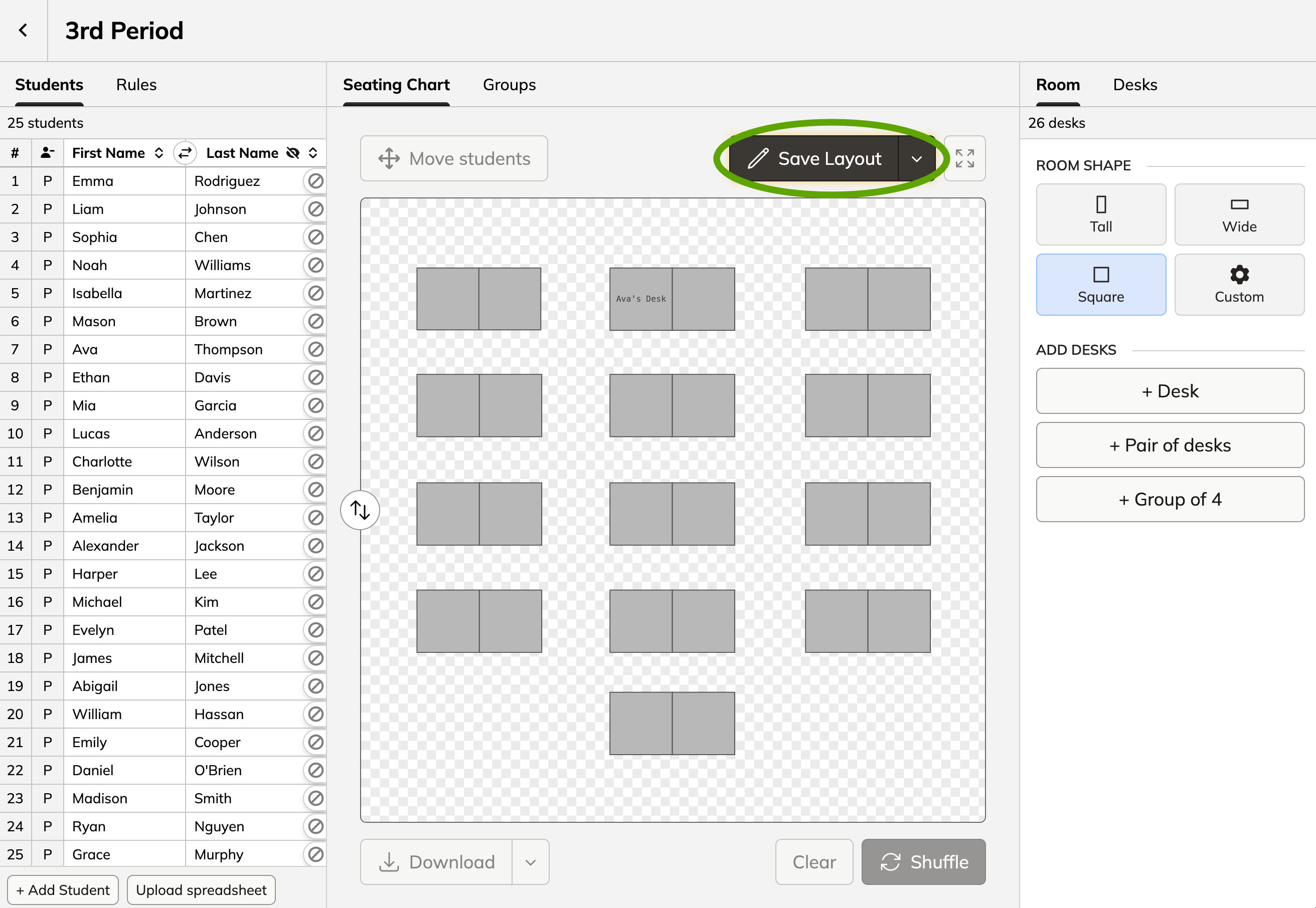 Screenshot of the Shuffle Buddy editor with a circle around the "save layout" button