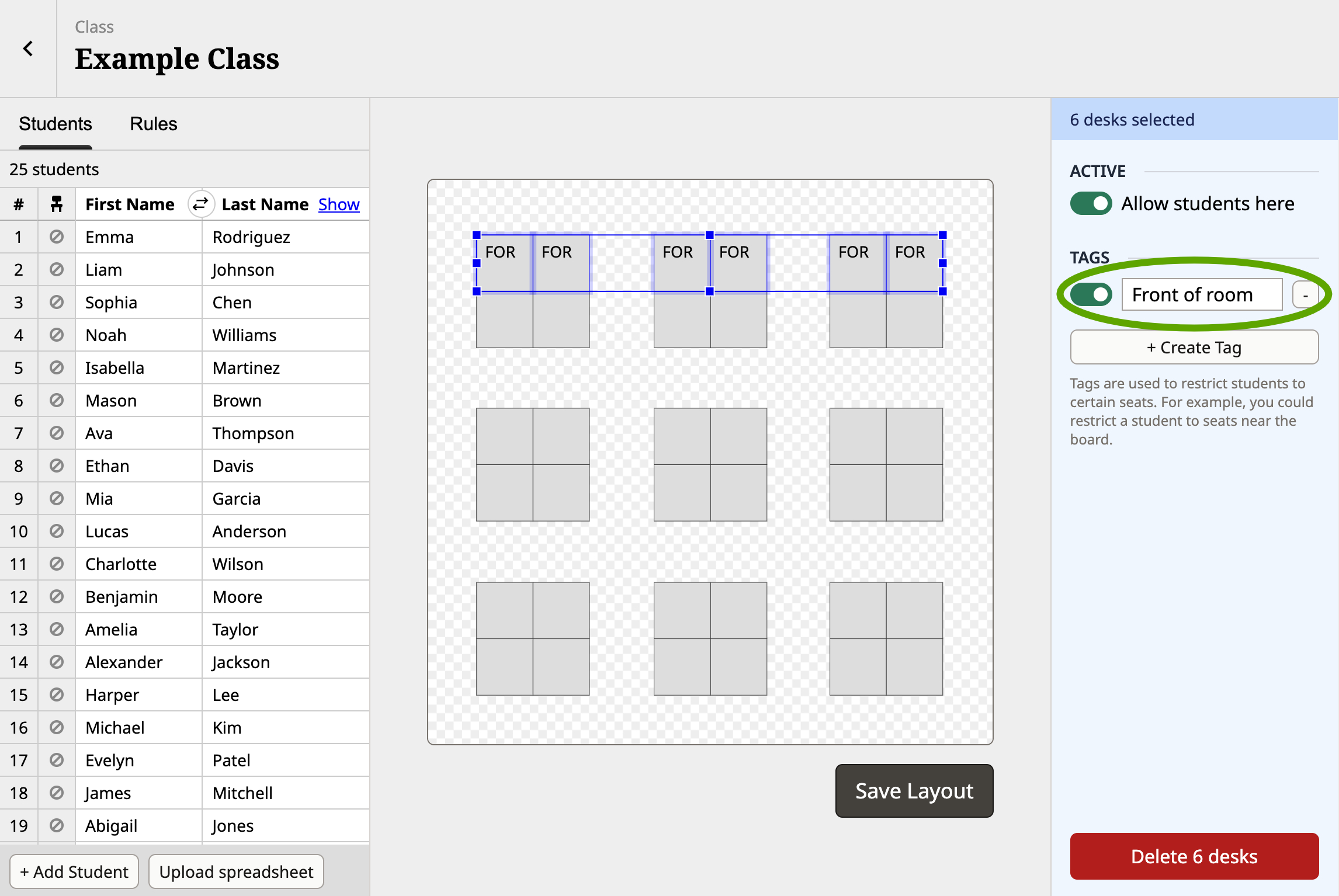 Screenshot of the Shuffle Buddy editor with a circle around the tag name input containing the text "Front of room"
