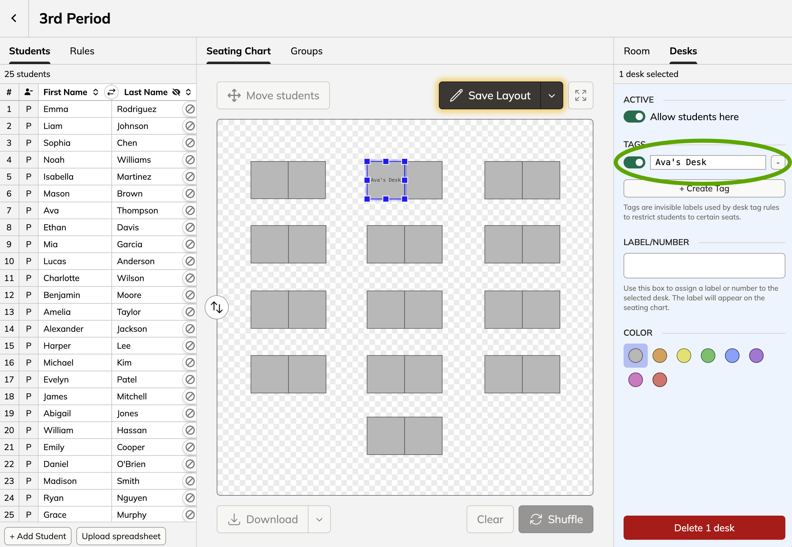 Screenshot of the Shuffle Buddy editor with a circle around the tag name input containing the text "Ava's Desk"