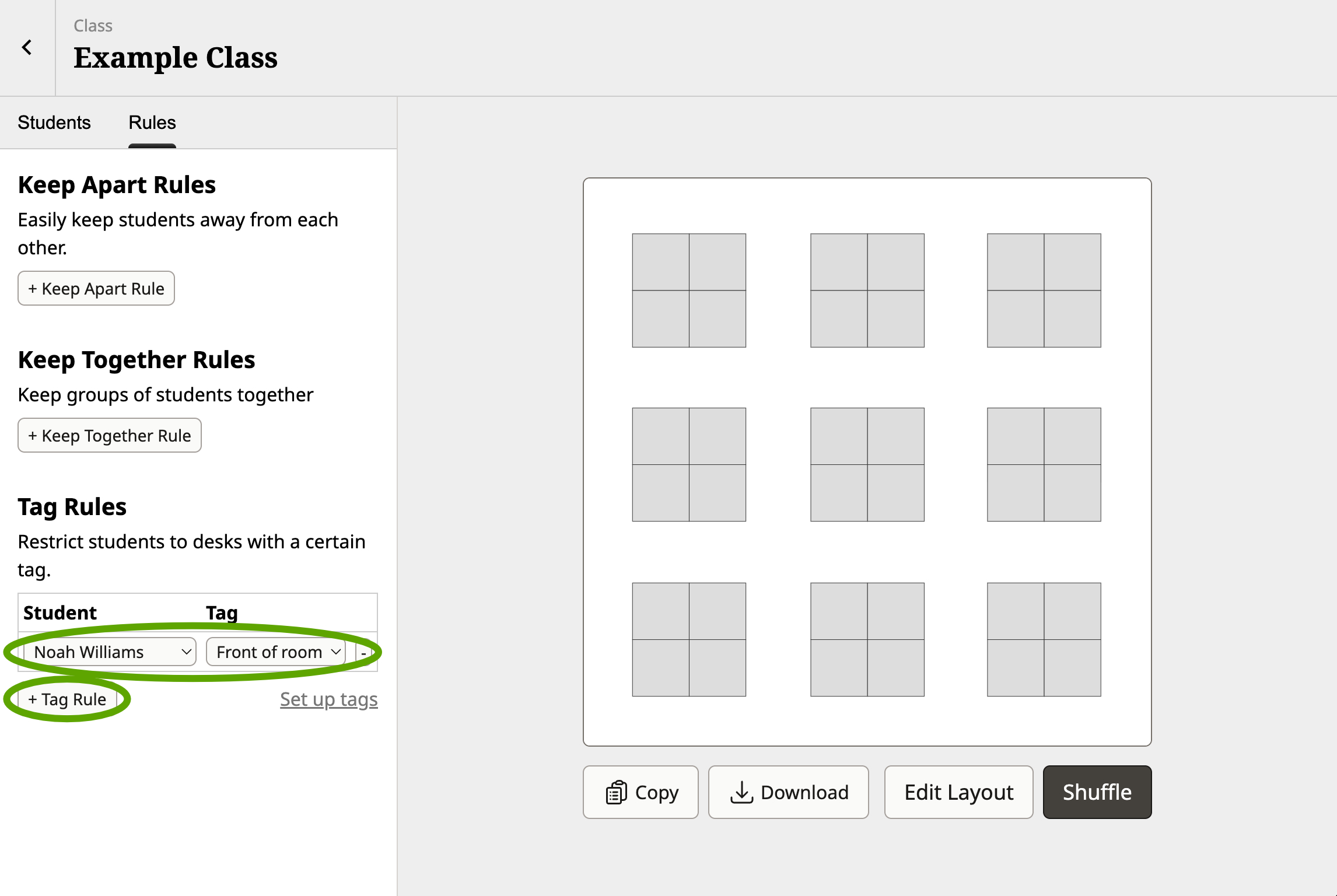 Screenshot of the Shuffle Buddy editor with a circle around the new tag rule button and the resulting rule