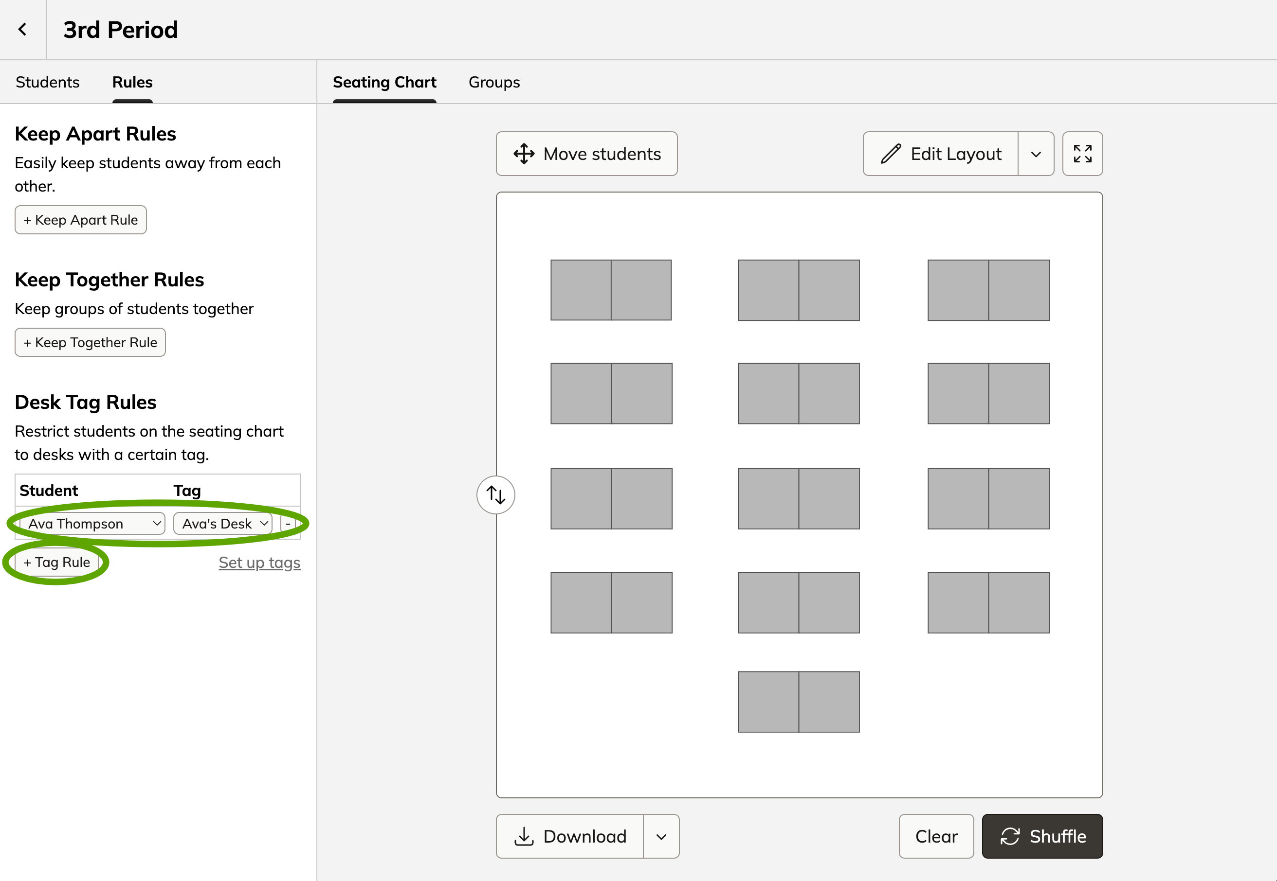 Screenshot of the Shuffle Buddy editor with a circle around the new tag rule button and the resulting rule