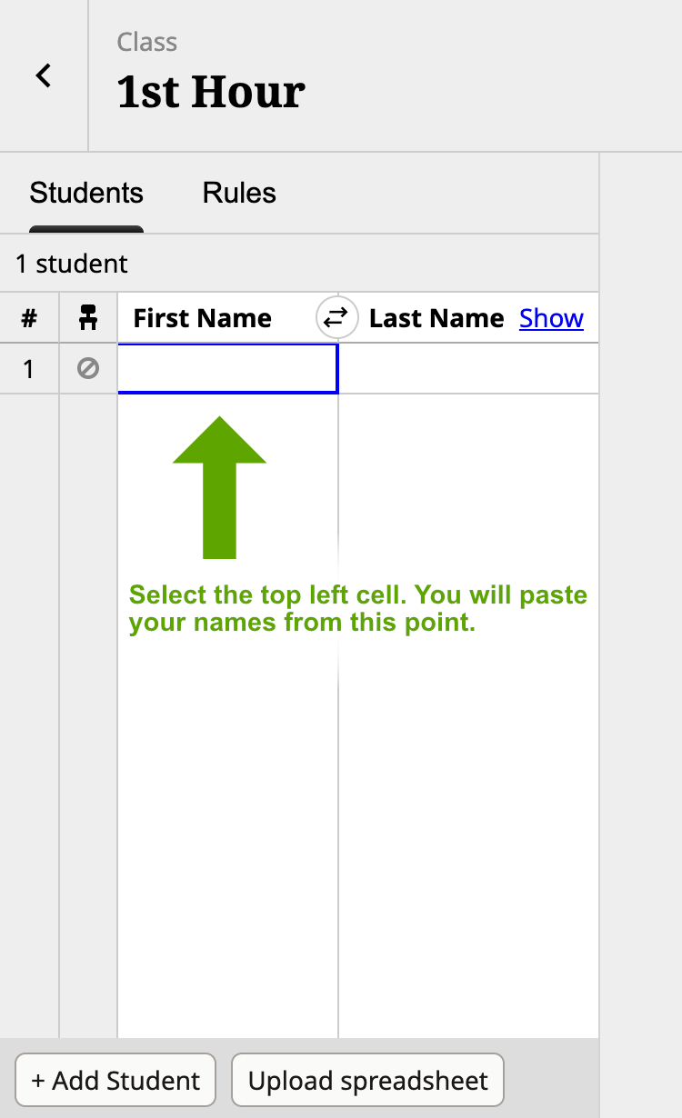 Screenshot of the Shuffle Buddy editor with an arrow pointing to the selected top-left cell and text that says "Select the top left cell. You will paste your names from this point."