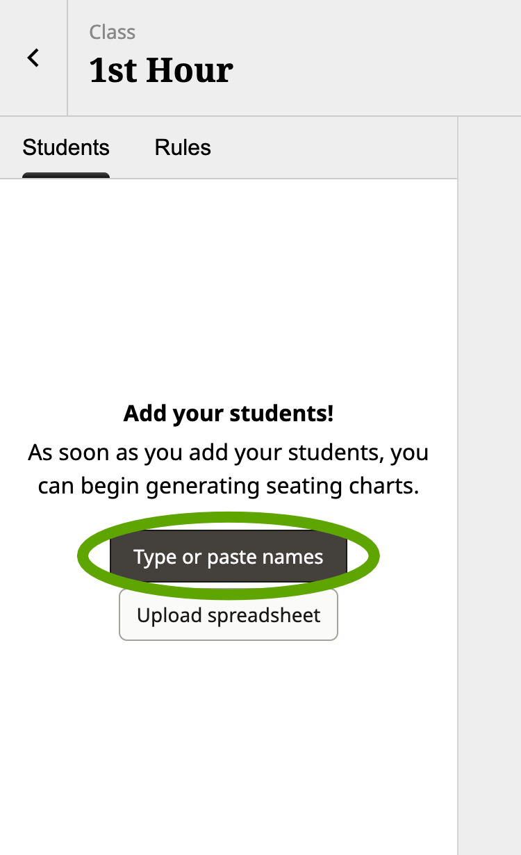 Screenshot of the Shuffle Buddy editor with a circle around the "Type or paste names" button