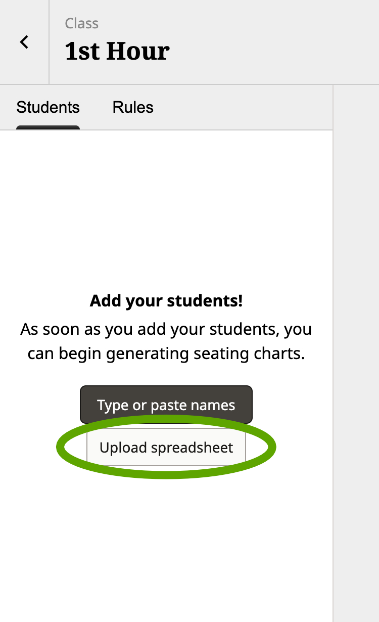 Screenshot of the Shuffle Buddy editor with a circle around the "Upload spreadsheet" button