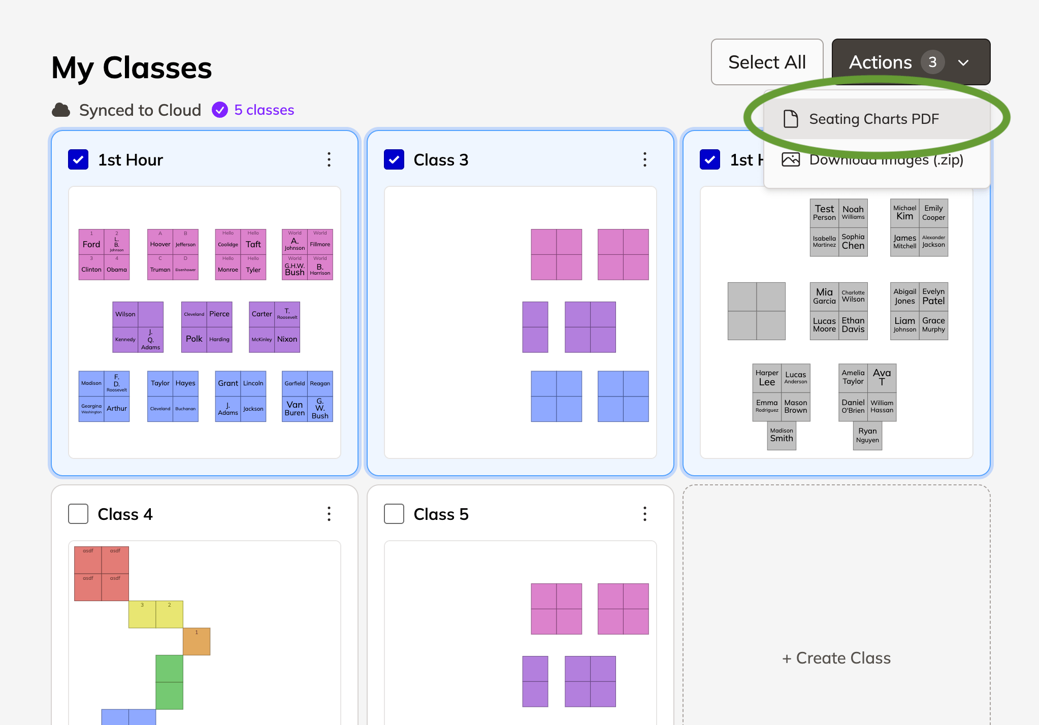 Screenshot of "Seating Charts PDF" menu option attached to actions button on home screen
